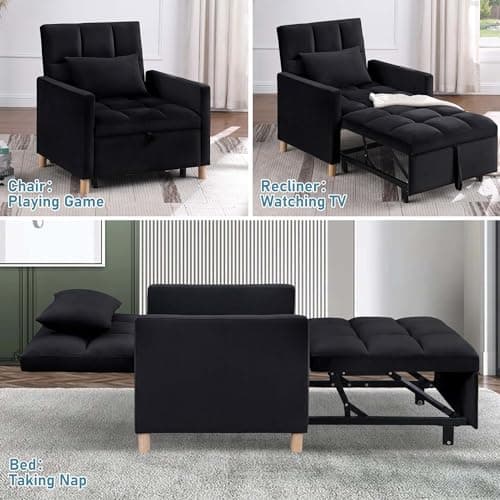 3 in 1 Convertible Sleeper Sofa, Black with Adjustable Backrest