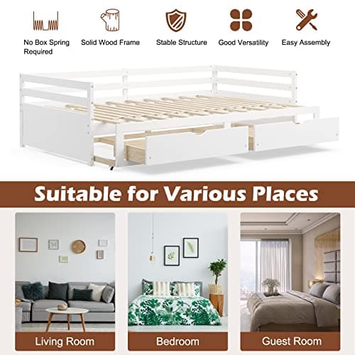 Modern Twin to King Daybed with Trundle, 2 Drawers, Pull Out Bed - White