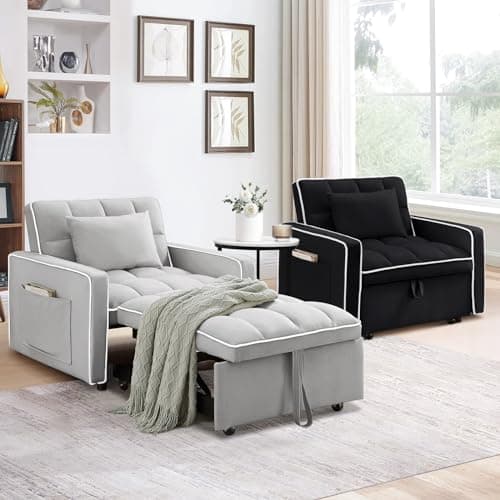 3-in-1 Convertible Sleeper Chair Bed with Adjustable Backrest and Side Pockets, Velvet Upholstered Recliner for Living Room/Office/Small Spaces (Grey)
