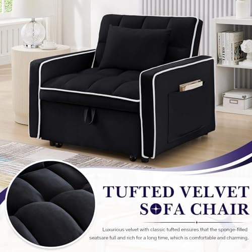 3-in-1 Velvet Convertible Sofa Bed, Black, Living Room Sleeper Chair