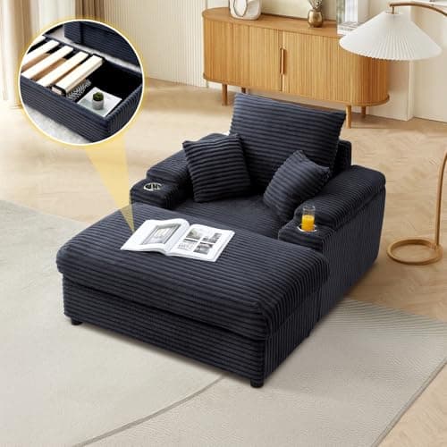 Cozy Blue Chaise Lounge Chair with Storage Ottoman & Cup Holders