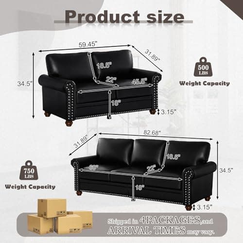 Modern Faux Leather Sofa Set with Storage for Living Room and Office (Black)