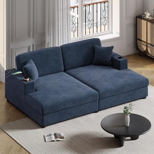 Blue-gray 55" Oversized Chaise Lounger with Chenille Fabric, Pillows, Charge Station & Cup Holders