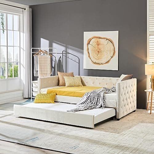 Modern Velvet Twin Daybed with Trundle, Button-Tufted Sofa Frame, Furniture for Bedroom, Living Room, Guestroom