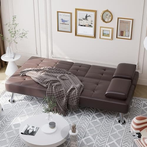 Shahoo Faux Leather Convertible Futon Sofa Bed for Living Room, Brown