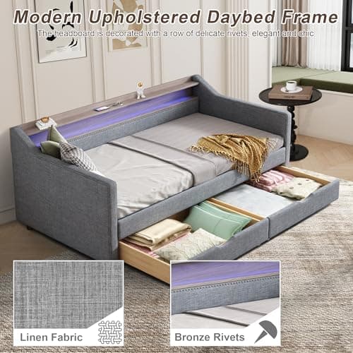 Linen Upholstered Ball & Cast Twin Daybed with Storage & Light Grey USB Port