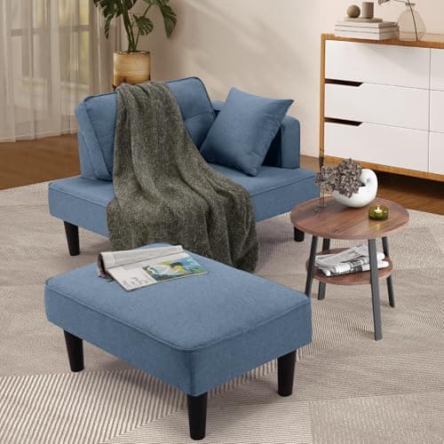 SEJOV Convertible Recliner Sofa Bed, Small Living Room Sectional with Chaise & 2 Pillows, Linen Blue