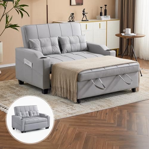 Vingli Light Grey Futon Sofa Bed with USB Ports Armrest
