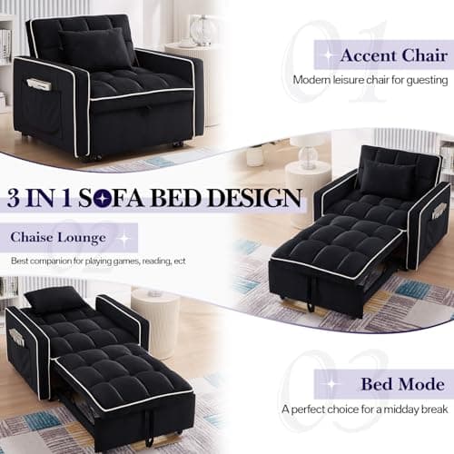3-in-1 Velvet Convertible Sofa Bed, Black, Living Room Sleeper Chair