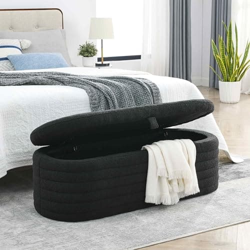 White Sherpa Padded Ottoman Bench with Storage for Living Room and Bedroom