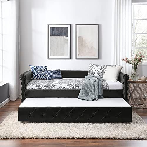 Modern Upholstered Daybed with Trundle, Twin Size, Button Tufted, No Box Spring Needed, Black