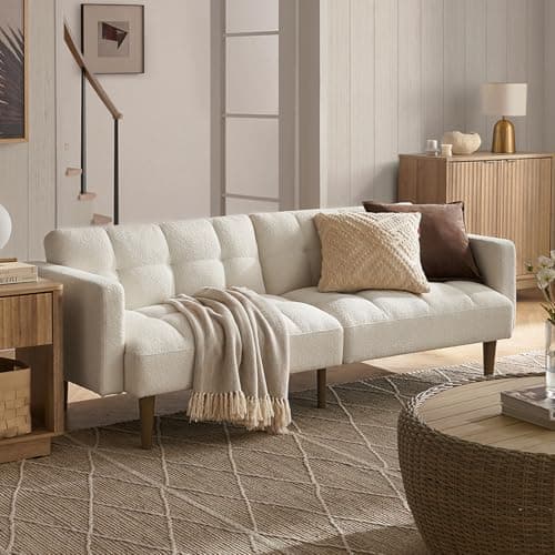 Mid Century Modern Futon Couch for Living Room and Bedroom - Pecan Brown, Faux Leather