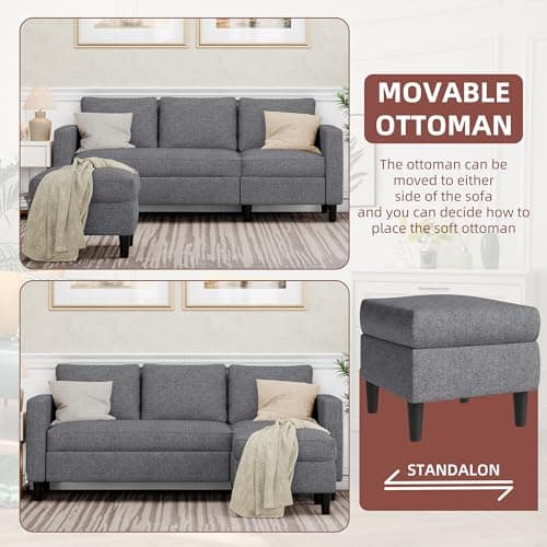 JAMFLY Dark Grey L-Shaped Sectional Sofa with Ottoman for Small Spaces