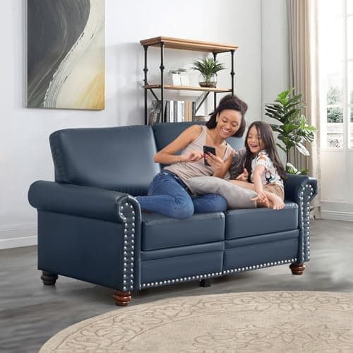 Mid Century Modern Faux Leather Loveseat with Storage, Comfy 2 Seater Couch for Living Room, Office (Navy Blue)