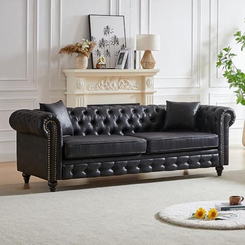 Mid-Century Modern Black 2-Seater Chesterfield Sofa with Nailhead Trim
