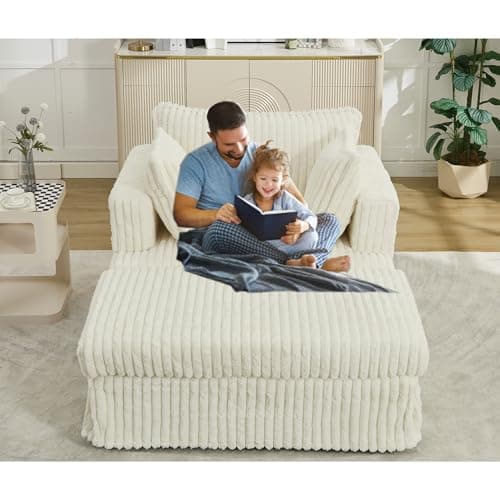 Oversized Blue Gray 55" Chaise Lounger with Chenille Fabric & Charging Station