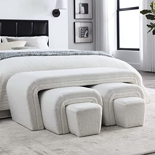 Upholstered Ottoman Bench Set with 2 Small Stools and Footrests