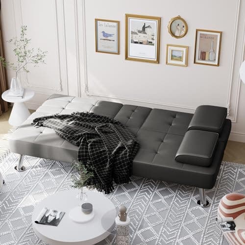 Shahoo Gray Faux Leather Convertible Futon Sofa Bed Couch