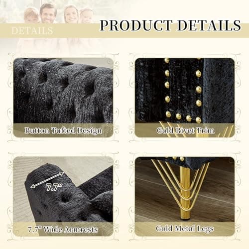 Mid Century Modern Chenille Button Tufted Loveseat + Couch Set (Black)