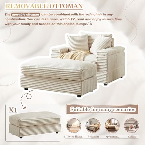 Oversized Chaise Lounge Chair Indoor with Ottoman, Corduroy Upholstered Comfy Sofa- Simplified for audience: 1 Seater, Beige