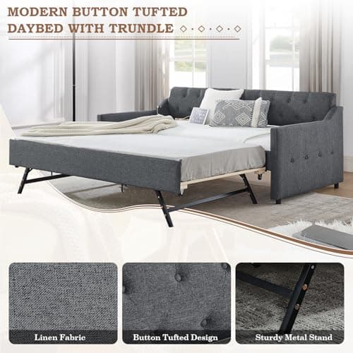 JEEOHEY Dark Grey Twin Day Bed with Pop Up Trundle & USB Port