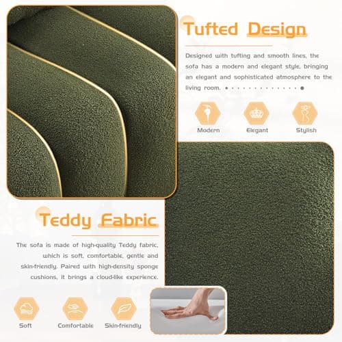 Oversized Green Sherpa Tufted 3 Seater Sofa, Teddy Bouclé Cushions