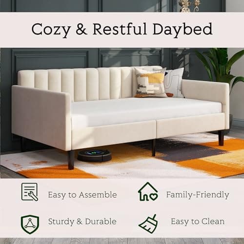 Twin Size Upholstered Daybed with Wood Slat Support in Ivory Velvet