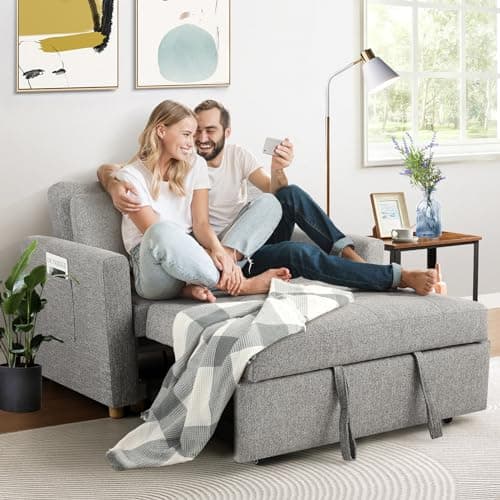 SEJOV 2-Seater Grey Linen 3-in-1 Sleeper Sofa Bed