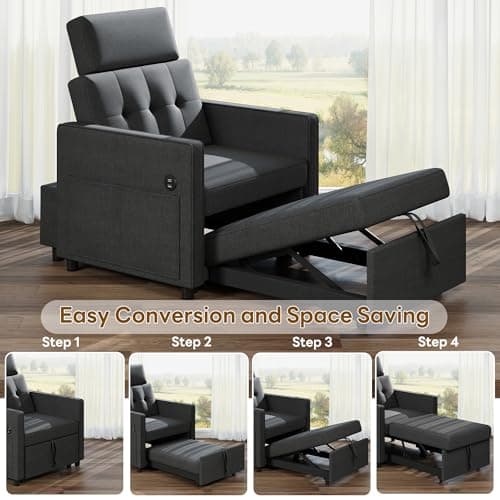 LIKIMIO 3-in-1 Sleeper Sofa Chair Bed, Dark Greyadjustable backrest_linenfabric