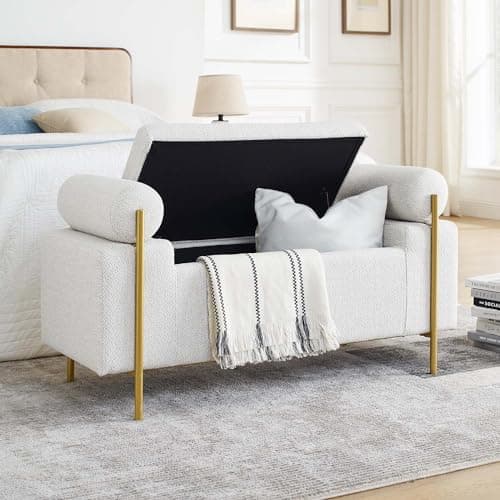 JEEOHEY Storage Bench for Bedroom, Modern Ottoman with Metal Legs and Storage in White