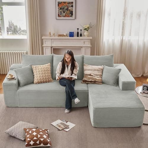 107" Modern Black Corduroy L-Shaped Sofa, Deep Seat Chaise for Living Room