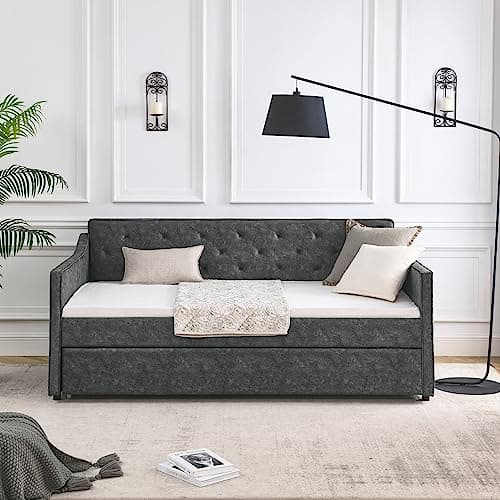 JEEOHEY Modern Tufted Velvet Daybed with Trundle, Twin Size, Grey