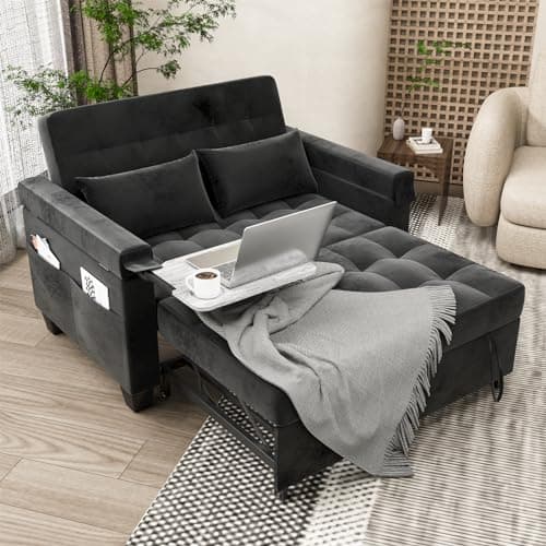 3-in-1 Convertible Sofa Bed with Adjustable Backrest & Hidden Side Table, Black