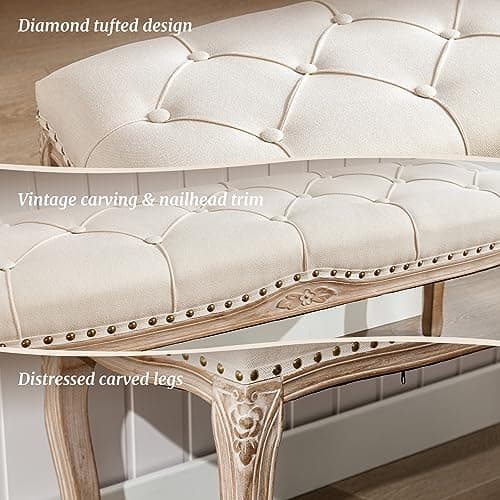 French Vintage Tufted Bench, Beige Distressed Wood Legs, Living Room, Foyer, Dining Room