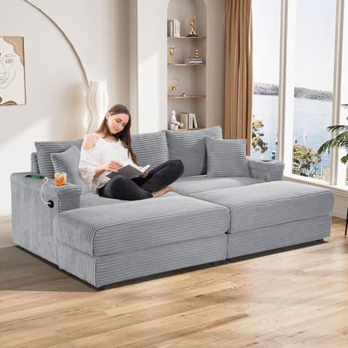 Beige & White Oversized Chaise Longue with USB & Cup Holder, 42" W