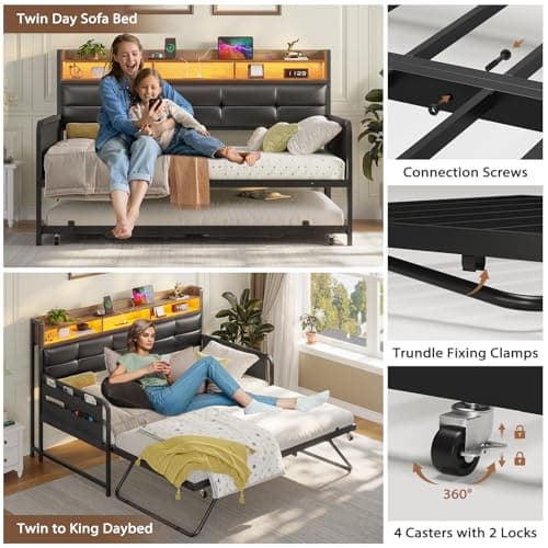 Viagdo Twin Daybed with Charging Station and Storage, Black