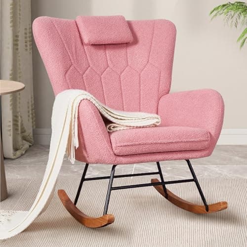 VECELO Thick Headrest Reading Glider Rocker with Side Pocket, White