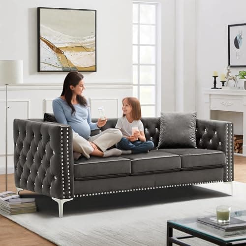 JEEOHEY Grey 3 Seater Chesterfield Sofa, Mid Century Modern Velvet Couch