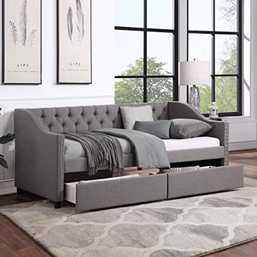 Grey Tufted Daybed with Drawers & Nailtrim Arms, Solid Wood Frame