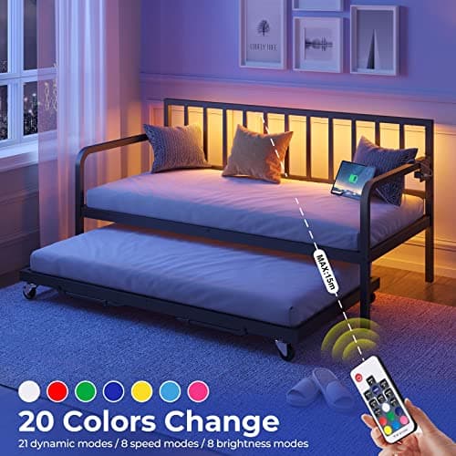 Rolanstar Adjustable Height Twin Daybed with Charging & LED Lights, Black