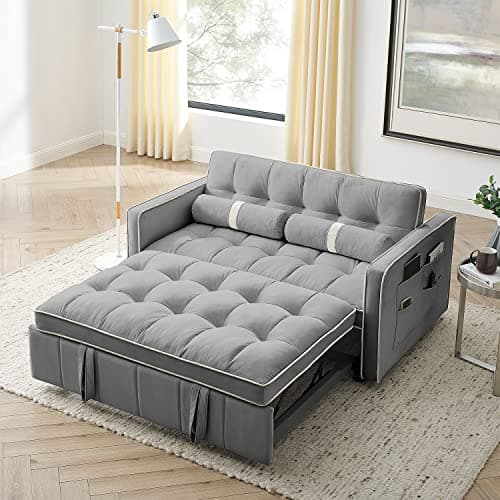 3 in 1 Tufted Velvet Couch Bed, Grey, 55.5"