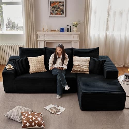 107" Modern Black Corduroy L-Shaped Sofa, Deep Seat Chaise for Living Room