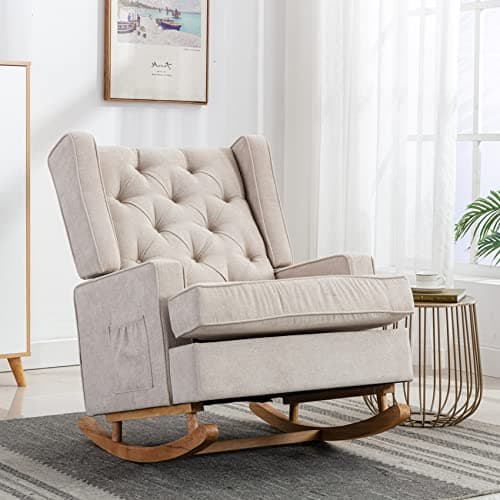 Beige Upholstered Mid Century Modern Dolonm Rocking Chair with Solid Wood Base