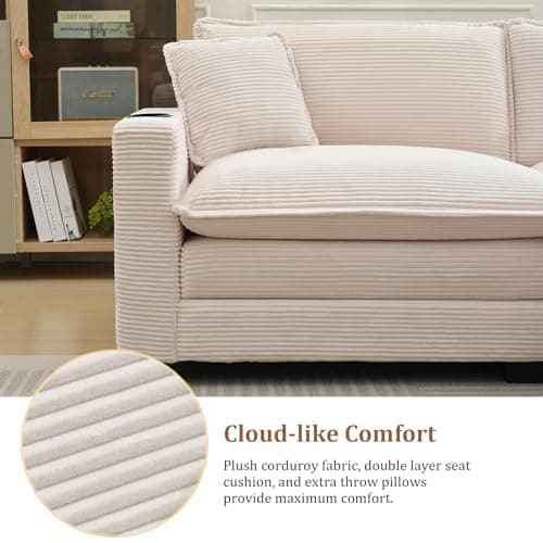 KIVENJAJA Beige Corduroy Cloud Sectional Couch, 82.7"W, Modular Loveseat with Ottoman & USB Port