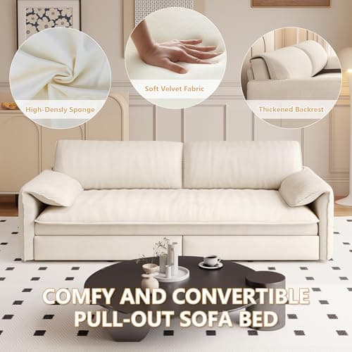 GNIXUU 66" Queen Pull-Out Sofa Bed, Beige Velvet Sleeper Couch with Side Storage