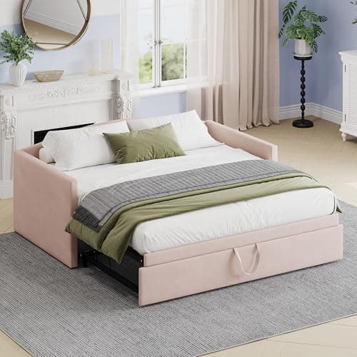 Beige Merax Twin Size Extended Pop Up Trundle Daybed Sofabed