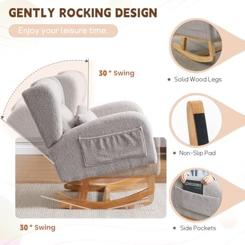 Modern Nursery Rocking Chair with High Backrest and Side Pockets - Grey