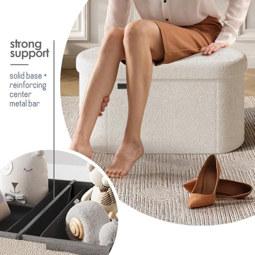StorageBud White Boucle Oval Ottoman Bench with Storage, 30" Bed End, Foldable Footrest Max 660lbs