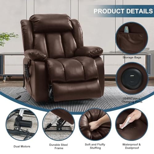 Genuine Leather Dual Motor Lift Recliner Chair with Heat & Massage (Brown)