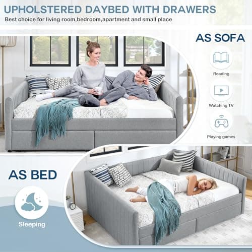 JEEOHEY Linen Grey Stripe Queen Daybed with Storage